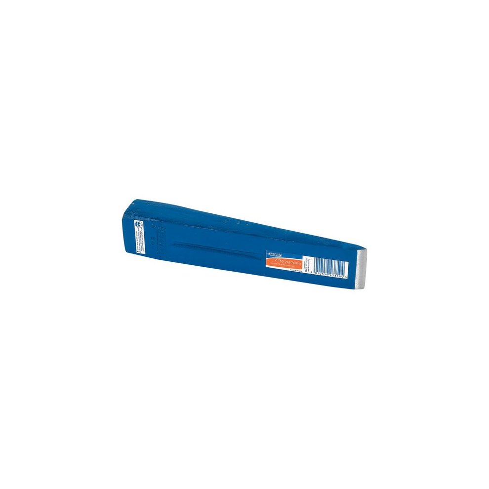 Draper 43859 log splitting head, featuring a blue metal body with a sharp, tapered edge and a flat striking surface, designed for efficient wood splitting.