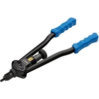 Black Draper long arm threaded nut riveter with blue ergonomic handles and adjustable knob.