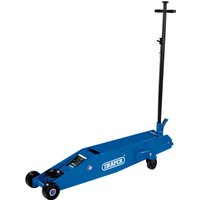 Blue Draper long chassis trolley jack, 10 tonne capacity, with black handle and four wheels.