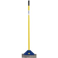Yellow long-handled floor scraper with blue metal blade holder and black grip by Draper, 16 inches.