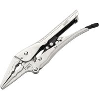 Silver Draper long nose auto locking pliers with curved handles and serrated jaws.