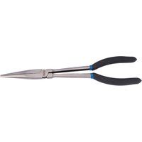 Draper long reach long nose pliers, 280mm, with silver metal jaws and black rubber grips with blue accents.