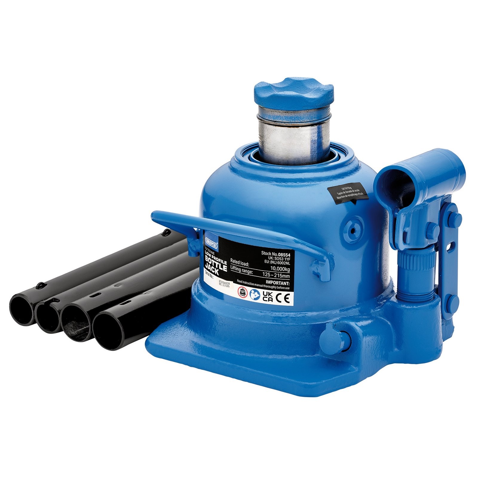 Blue low profile bottle jack with a lifting capacity of 10 tons, featuring a cylindrical body, a silver lifting piston, and four black extension tubes.