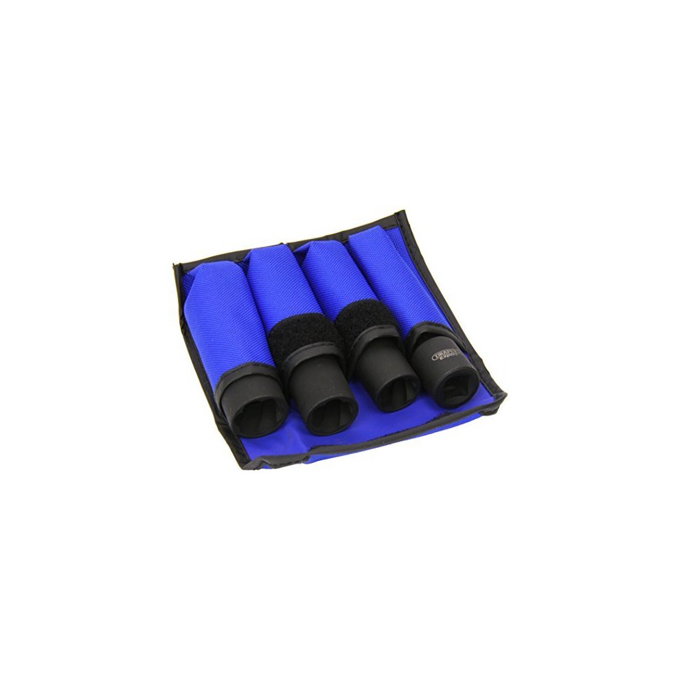 Four blue wheel nut double sockets with black rubber ends, neatly arranged in a blue and black fabric holder, designed for 1/2" square drive.