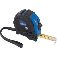 Black and blue Draper measuring tape, 3m/10ft x 16mm, with a retractable yellow blade and wrist strap.