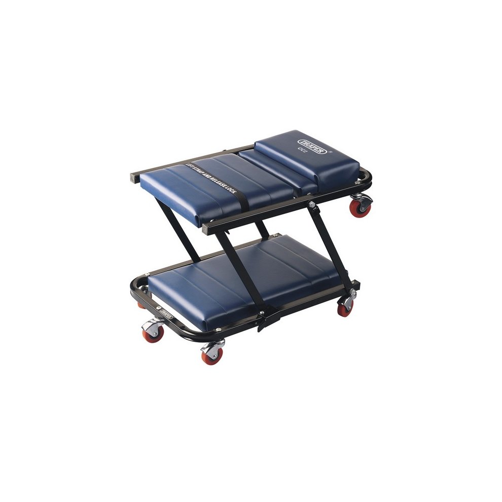 Blue padded mechanics car creeper and seat with a sturdy black metal frame, featuring four swivel wheels for easy mobility and a compact design for storage.