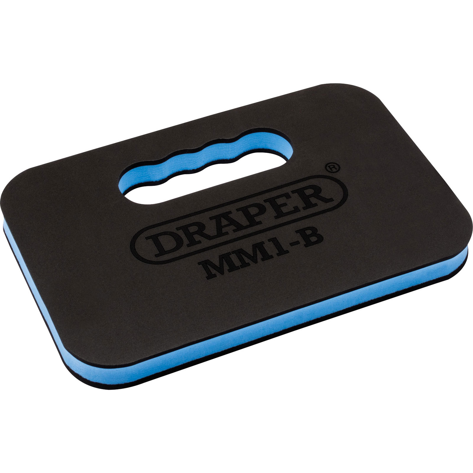Black foam mechanics mat with a blue handle and blue trim, featuring the "DRAPER" logo and model number "MM1-B" embossed on the surface.