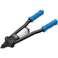 Black Draper medium arm riveter with blue handles and attached white collection bowl.