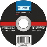 Draper metal cutting disc, black with red stripe, labeled 115 x 1 x 22.23mm, features safety icons and branding.
