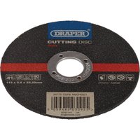 Black Draper metal cutting disc with red stripe, central hole, and printed specifications on the surface.