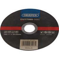 Draper metal cutting disc, black with red stripe, labeled 125 x 1 x 22.23mm, central hole, blue logo.