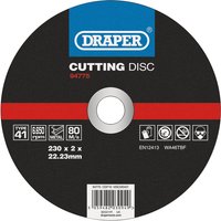 Black Draper metal cutting disc, 230 x 2 x 22.23mm, with blue logo, red stripe, and safety icons.