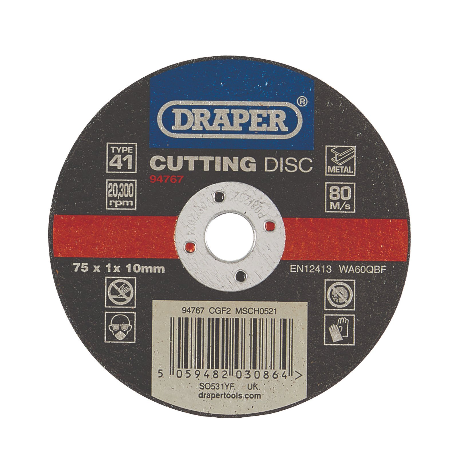 Draper 94767 metal cutting disc, 75mm diameter, 1mm thick, featuring a black surface with red and white branding, designed for cutting metal at 80 m/s.