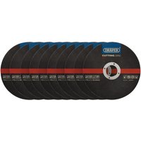 Pack of 10 Draper metal cutting discs, black with red stripe, 115 x 1 x 22.23mm, circular shape.