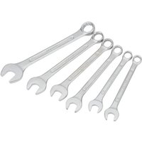 Draper 6-piece silver metric combination spanner set with open and ring ends, arranged in ascending size order.