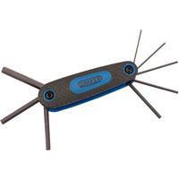 Draper 8-piece metric hex key set with blue and black holder, foldable design, various key sizes extended.