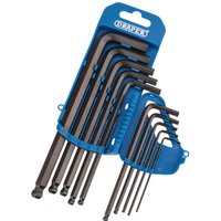 Blue Draper 10-piece hexagon and ball end hexagon key set with black L-shaped keys in a plastic holder.