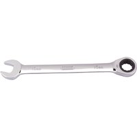 Silver Draper 15mm ratcheting combination spanner with open-end and ring ratchet on opposite ends.