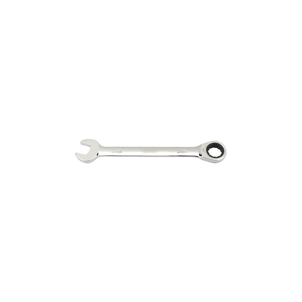 Shiny chrome-plated 20mm metric ratcheting combination spanner with an open-end and a socket end, featuring engraved markings for size and brand.