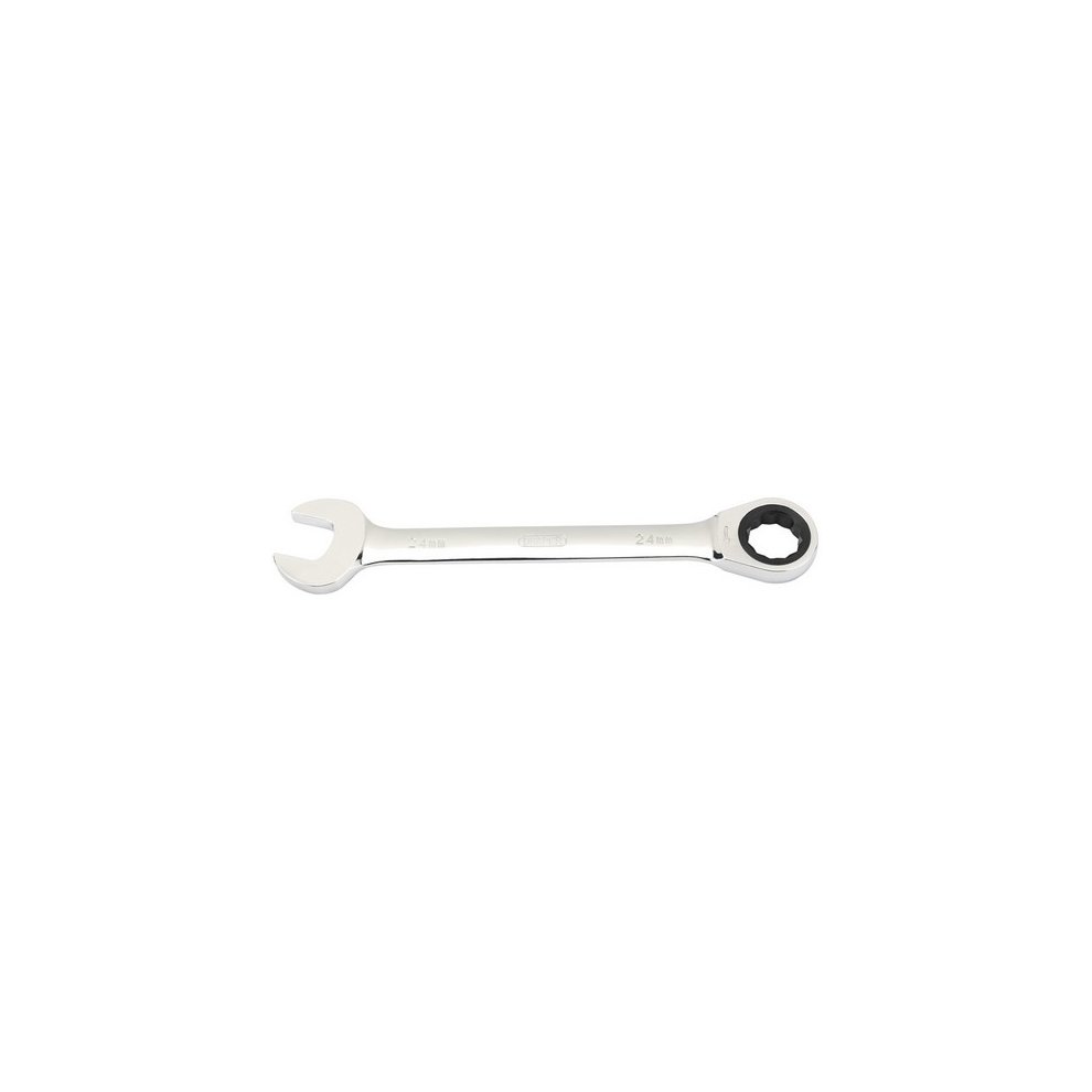 24mm metric ratcheting combination spanner by Draper, featuring a shiny chrome finish, open-end and ratchet mechanism, designed for efficient tightening and loosening of nuts and bolts.