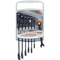 Draper 7-piece black ratcheting spanner set with orange accents, organized in a gray plastic holder.