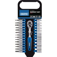 Draper 27-piece metric socket set with blue-handled ratchet and various sockets on a black plastic holder.