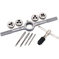 Draper Metric Tap and Die Set, silver metal with four round dies, three taps, T-handle wrench, and die wrench.