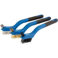 Blue and black Draper mini brush set with three brushes, featuring metal bristles in silver, brass, and black.