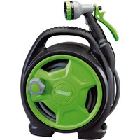Black and green Draper mini hose reel set, 10m, with ergonomic handle and adjustable spray nozzle.