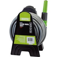 Draper Mini Hose Reel Set, 8mm bore, 10m, gray coiled hose with green nozzle on black stand.