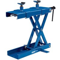 Blue Draper motorcycle frame scissor lift with dual adjustable clamps and black handle.