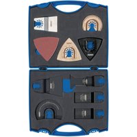 Draper Multi-Tool Blade Set in blue case, includes various blades and sanding pads, organized in foam compartments.