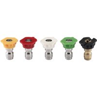 Five-piece Draper nozzle set for petrol pressure washer, featuring yellow, red, white, green, and black nozzles.