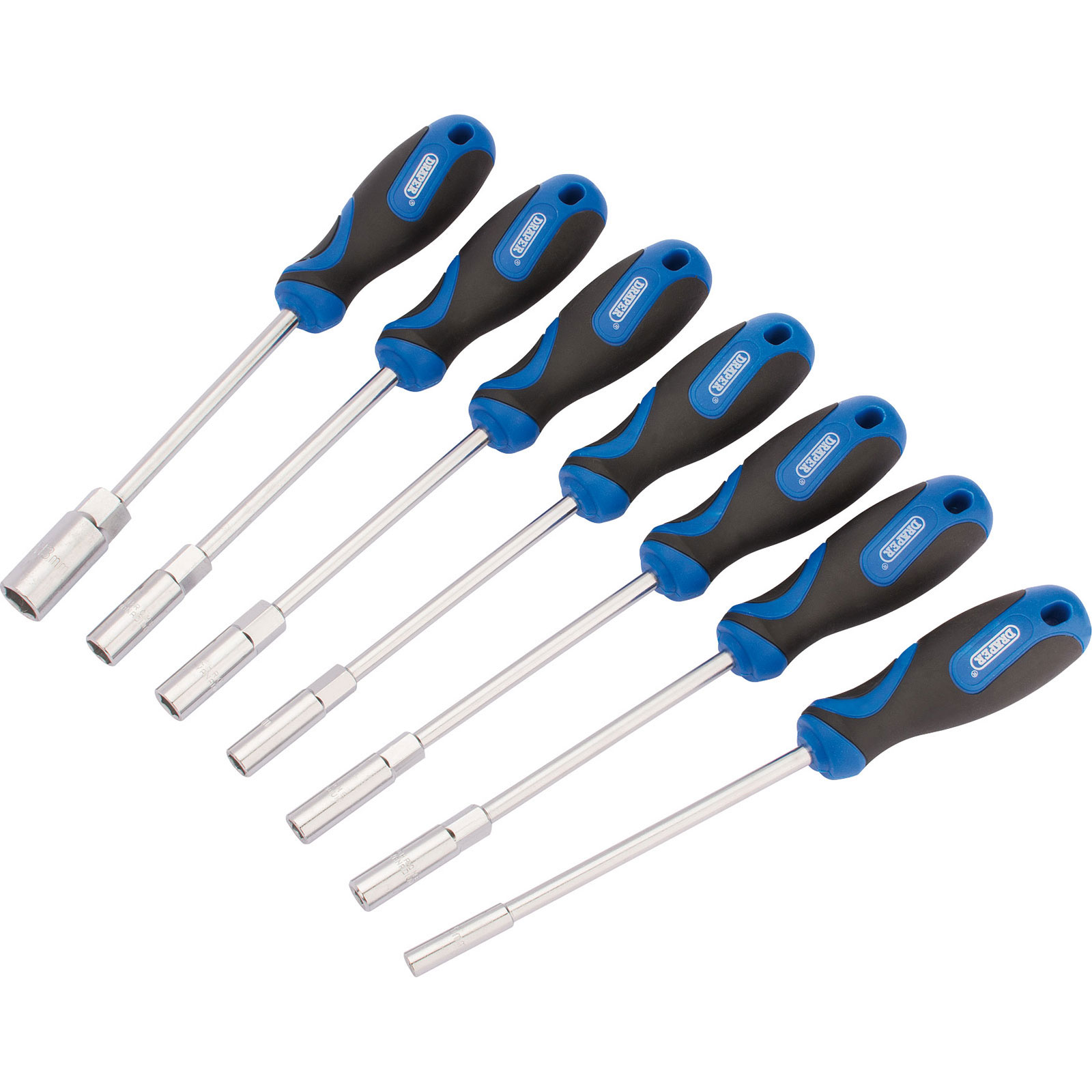 Seven-piece nut spinner set featuring chrome vanadium steel shafts with soft-grip black and blue handles for enhanced comfort and control.