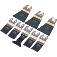 Draper oscillating multi-tool blade set, 8 pieces, silver and black with various blade shapes and toothed edges.