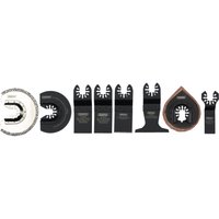 Draper 8-piece oscillating multi-tool blade set with black and silver blades, including ceramic cutting blade.