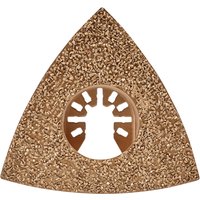 Triangular Draper oscillating multi-tool carbide rasp with textured gold surface and central circular cutout.