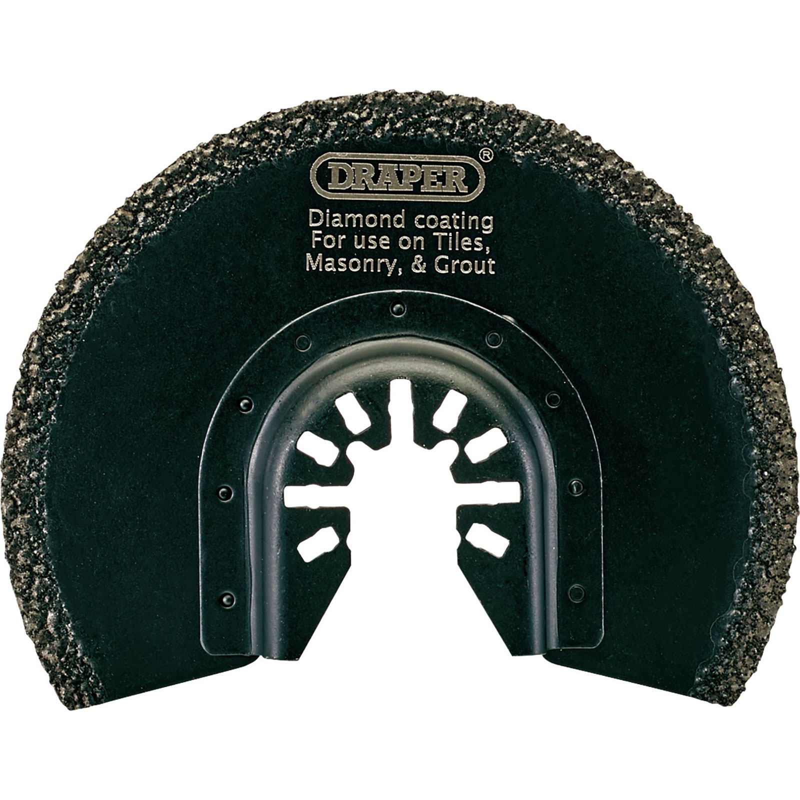 Draper 70469 oscillating multi-tool blade with a diamond-coated edge, 88mm in size, featuring a semi-circular shape and multiple cut-out patterns for enhanced versatility.