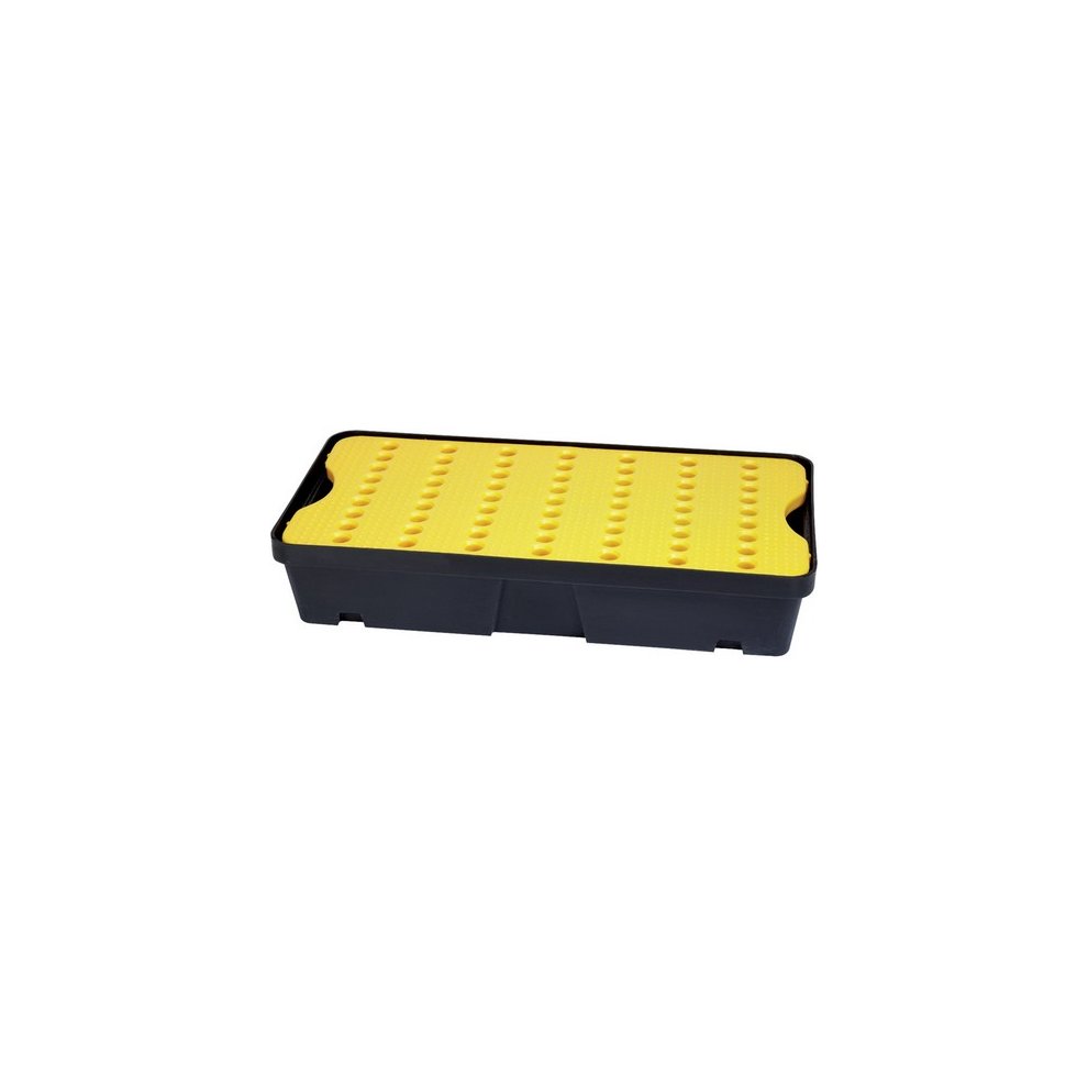 Black plastic spill/drip tray with a textured yellow surface, designed for holding liquids, featuring a low-profile design and molded handles for easy transport.