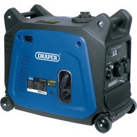 Blue and black Draper Petrol Inverter Generator, 2300W, with control panel, handles, and wheels for portability.