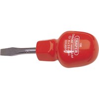 Red Draper chubby screwdriver with flathead tip, 6 x 38mm size, compact handle with white branding.