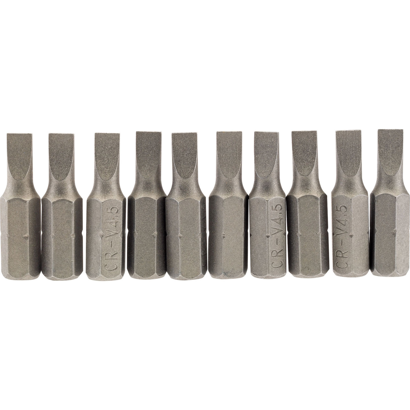 Set of ten 4.5mm 1/4" hex plain slot insert bits, 25mm long, made of steel with a silver finish, featuring a hexagonal shank for secure fitment in power tools.