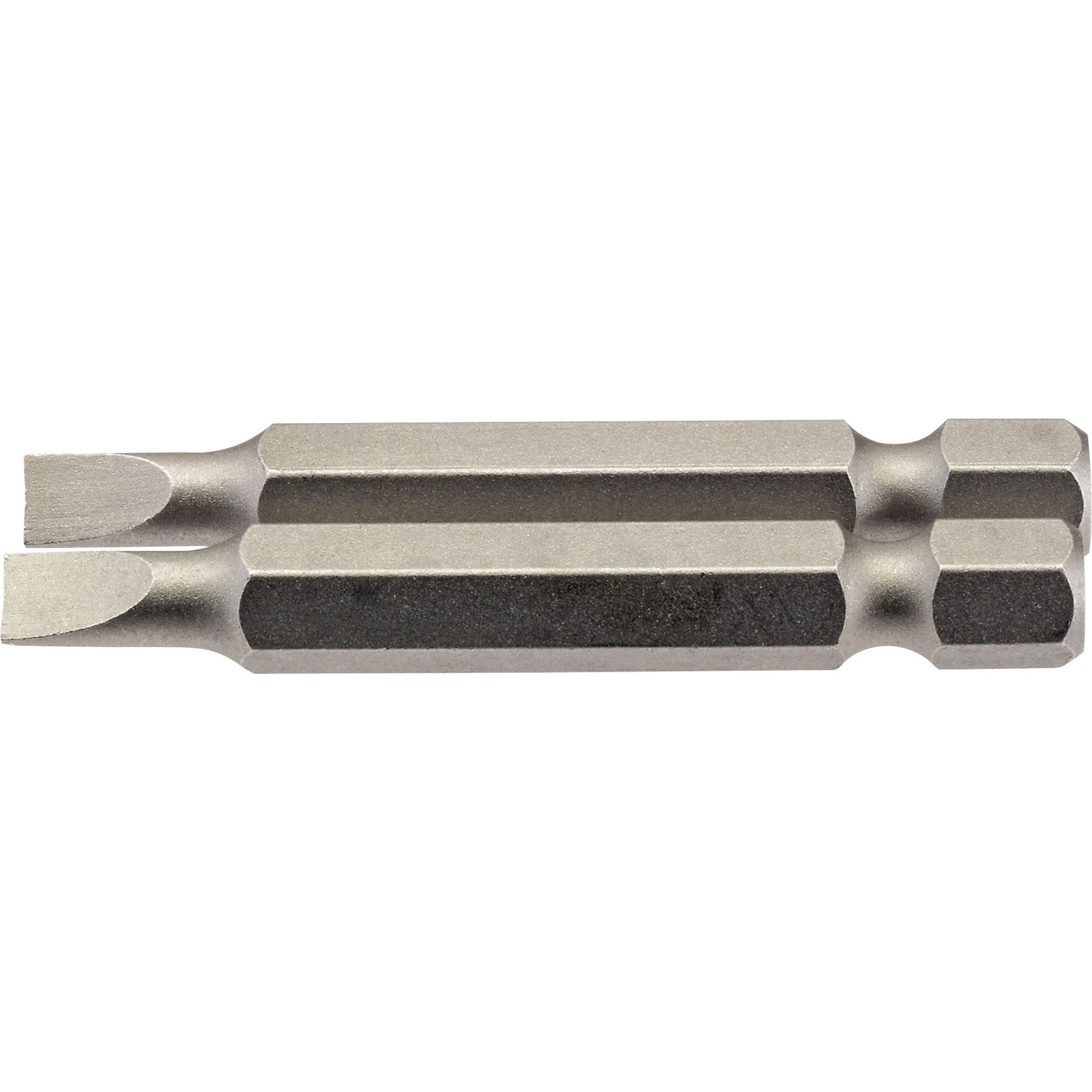 Silver 4.5mm 1/4" hex plain slot insert bit, 50mm long, featuring a dual-ended design with a flat tip and a textured grip for easy handling, made of durable metal.