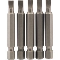 Pack of five Draper plain slot insert bits, 4.5mm, 1/4" hex, 50mm long, metallic finish, hexagonal shape.
