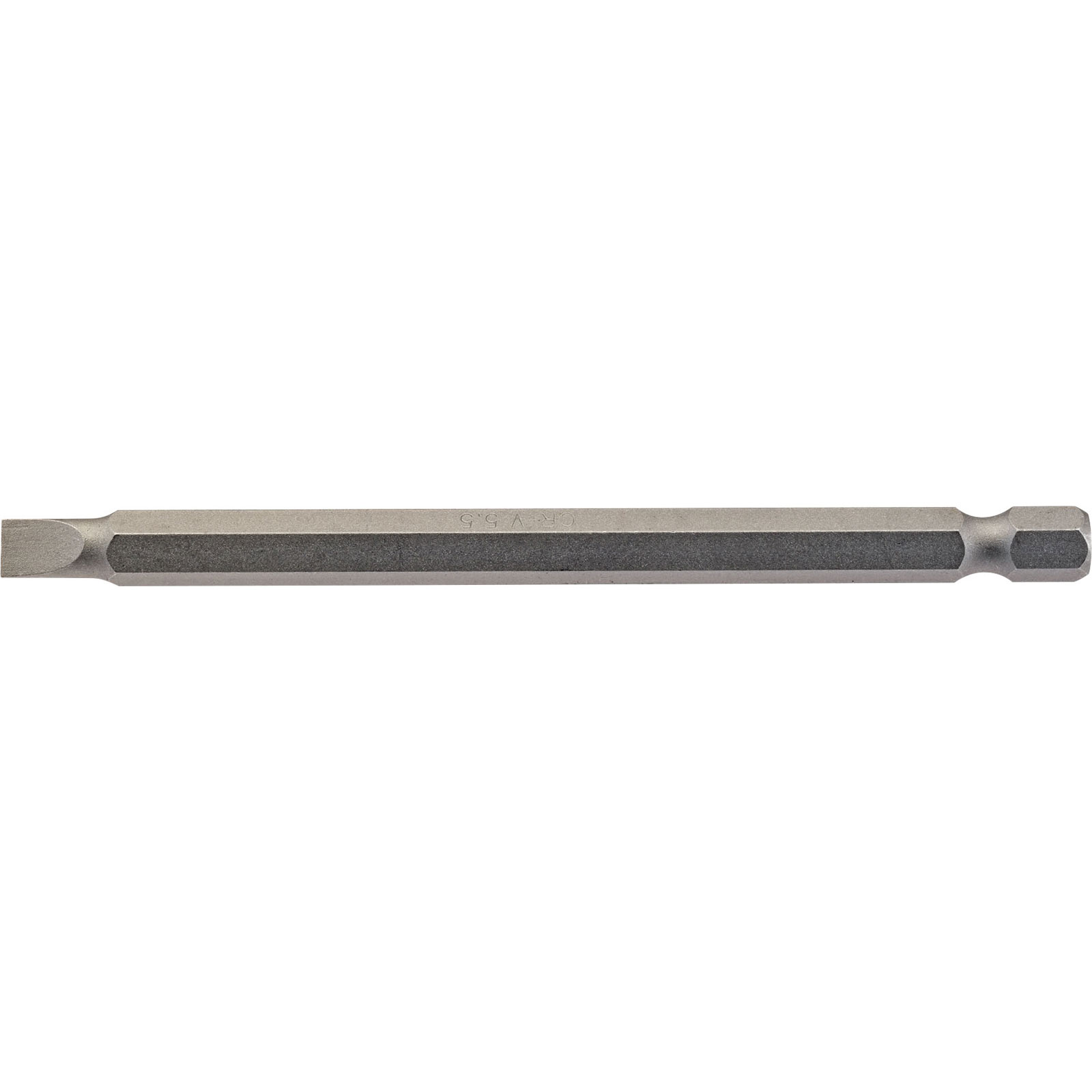 5.5mm 1/4" hex plain slot insert bit by Draper, 100mm long, featuring a metallic finish with a hexagonal shank and a plain slot tip for precision driving.