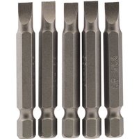 Set of five Draper plain slot insert bits, 5.5mm, 1/4" hex, 50mm long, metallic finish, hexagonal base.