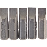 Pack of five Draper plain slot insert bits, 6.5mm wide, 1/4" hex shank, 25mm long, gray metal finish.