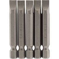 Pack of five Draper plain slot insert bits, 6.5mm wide, 1/4" hex shank, 50mm long, metallic finish.