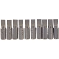 Pack of 10 Draper plain slot insert bits, 6mm wide, 1/4" hex shank, 25mm long, metallic finish.