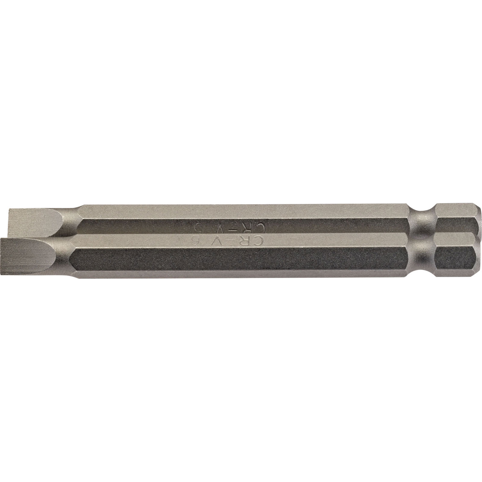 Silver 6mm hex plain slot insert bit, 75mm long, featuring a flat end and hexagonal shank for easy tool attachment, marked with "CR-V" for chrome vanadium steel material.